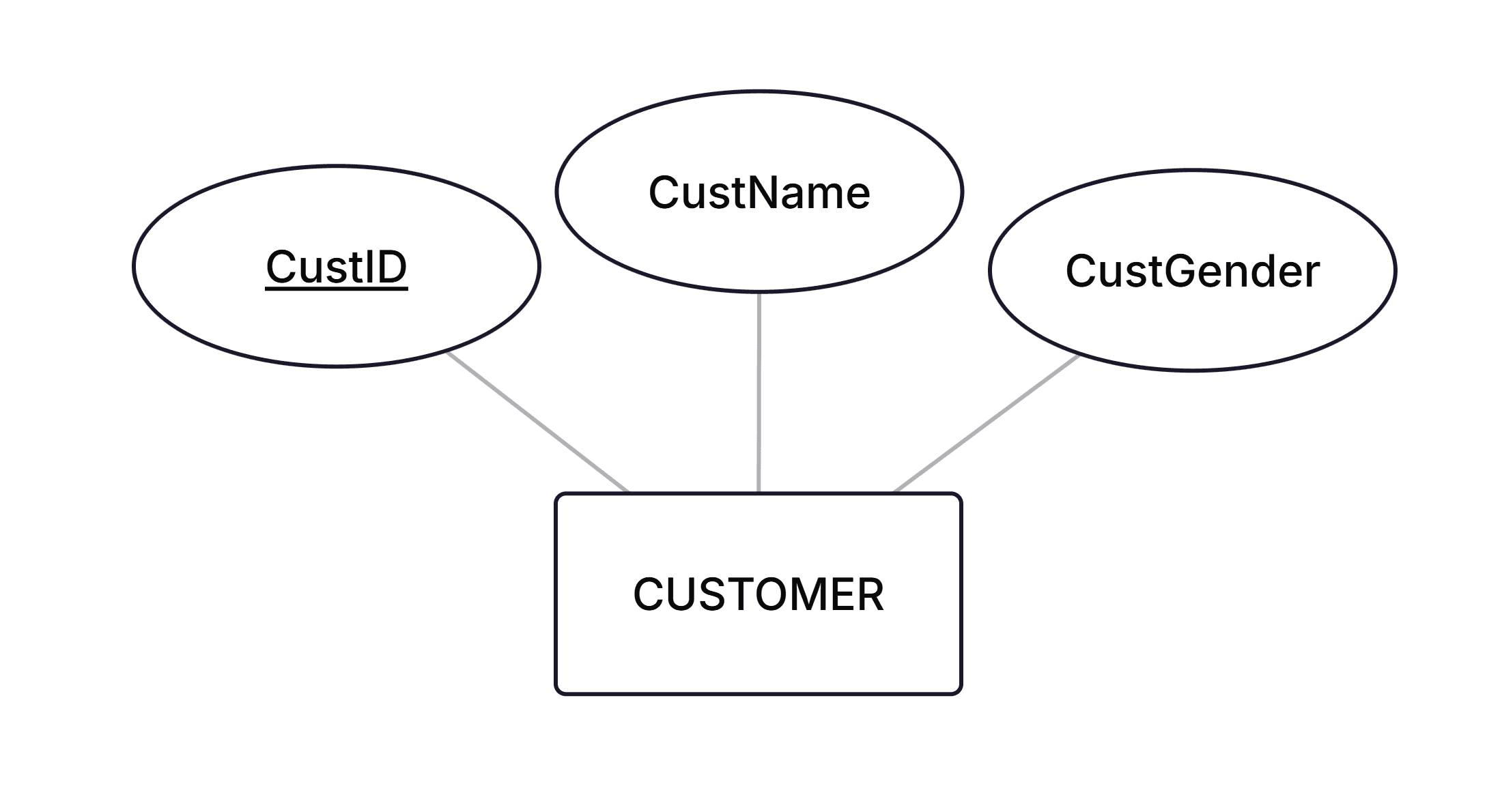 The entity CUSTOMER with the attributes CustID, CustName and CustGender