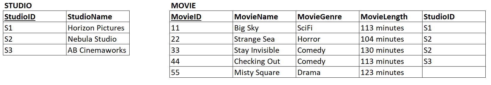 Sample data for the STUDIO and MOVIE relational tables